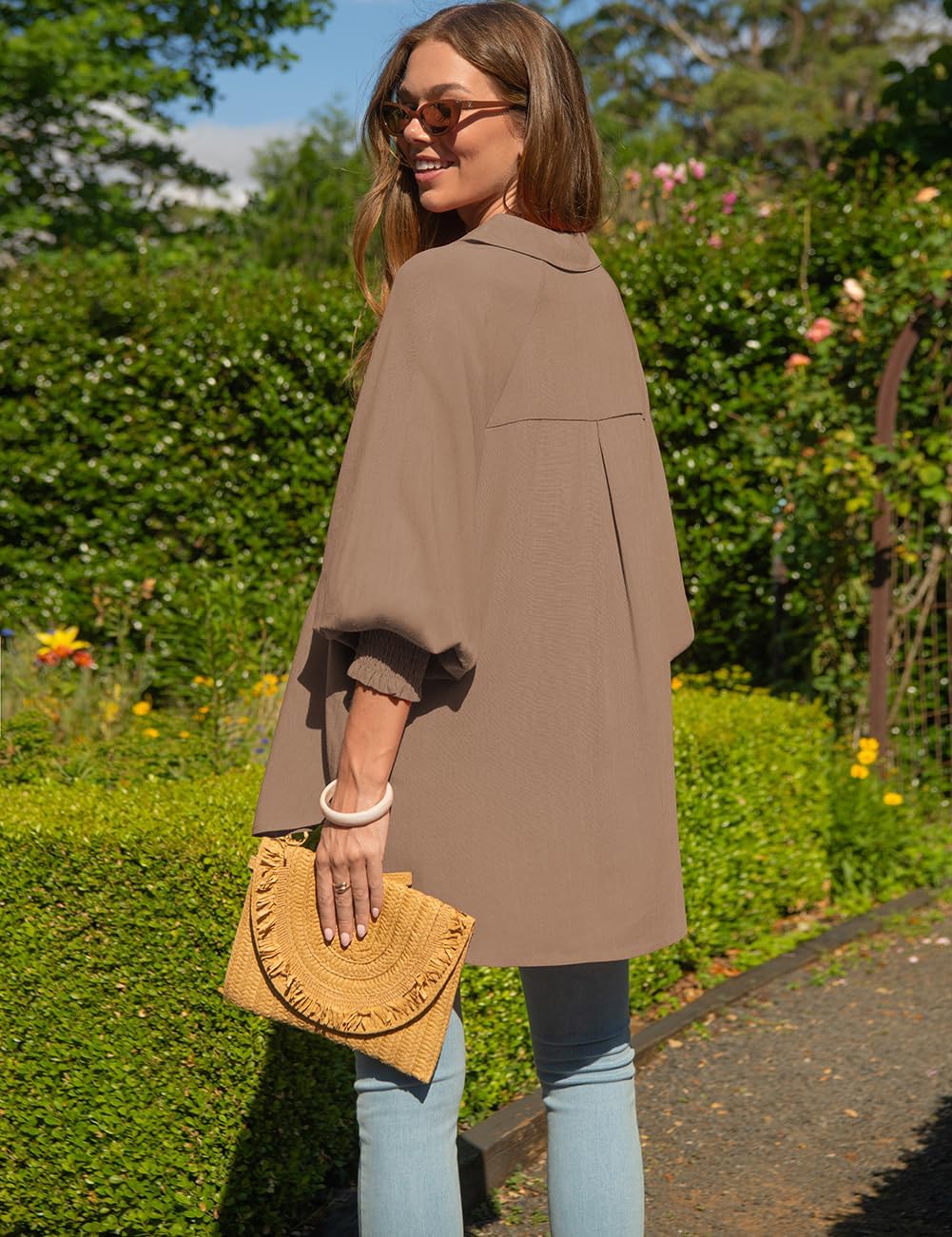 TARSE Women Linen Shirt Smocked Cuffed Casual Collar Long Sleeve Oversized Button Down Blouse Tops Boyfriend Shirt - Image 5