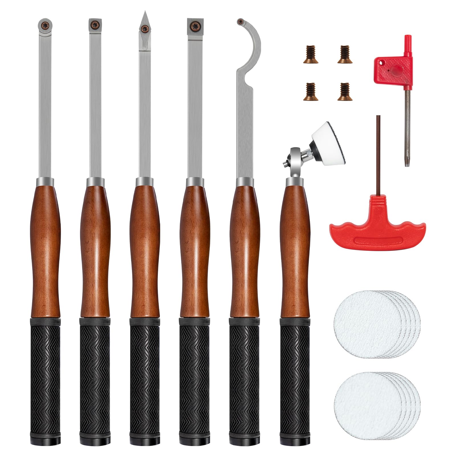 Kit d'outils de tournage de tour en bois en carbure de taille complète avec ponceuse à bol, outils de tour en carbure de 6 pièces de 46 cm avec boîte en bois poignée en hêtre avec caoutchouc