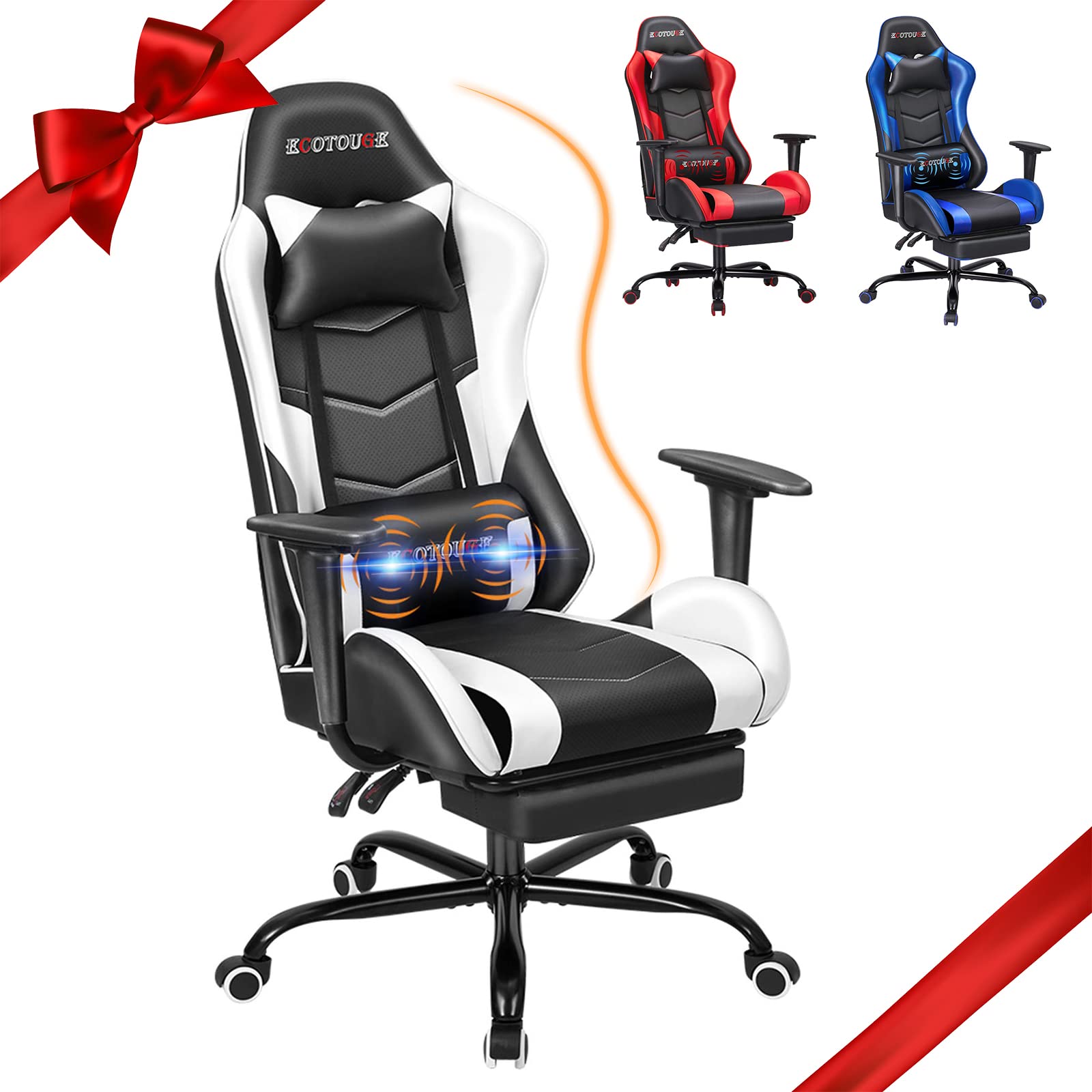 ECOTOUGE PC Massage Gaming Chair with Footrest Ergonomic Office Desk Chair Racing PU Leather Recliner Swivel Rocker with Headrest and Lumbar Pillow,