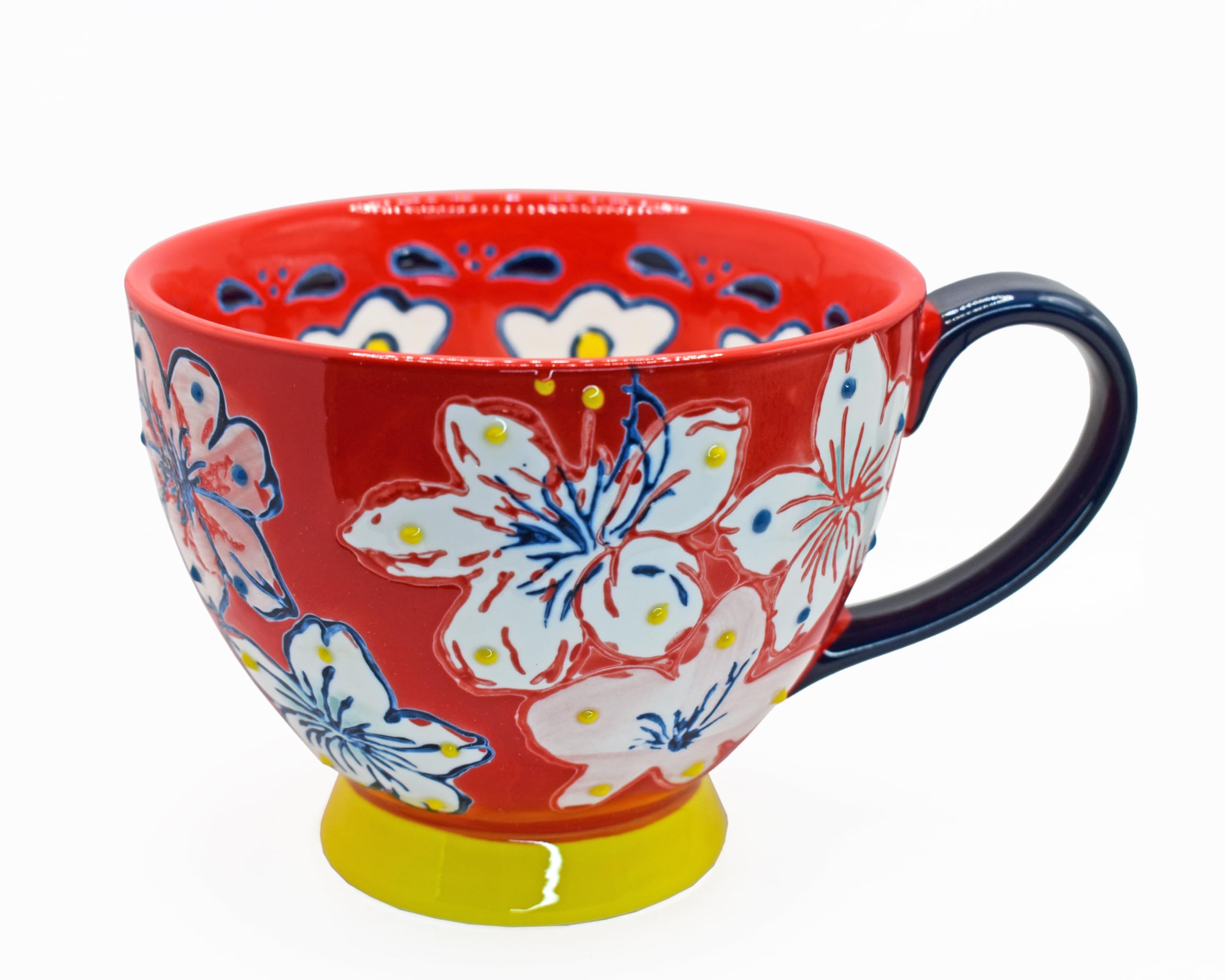 16oz / 450ml Coffee Mug Large Ceramic Mug Floral Embossed Design Tea Cup for Tea Hot Chocolate Latte Cappuccino Microwave & Dishwasher Safe (Red Mug(C))