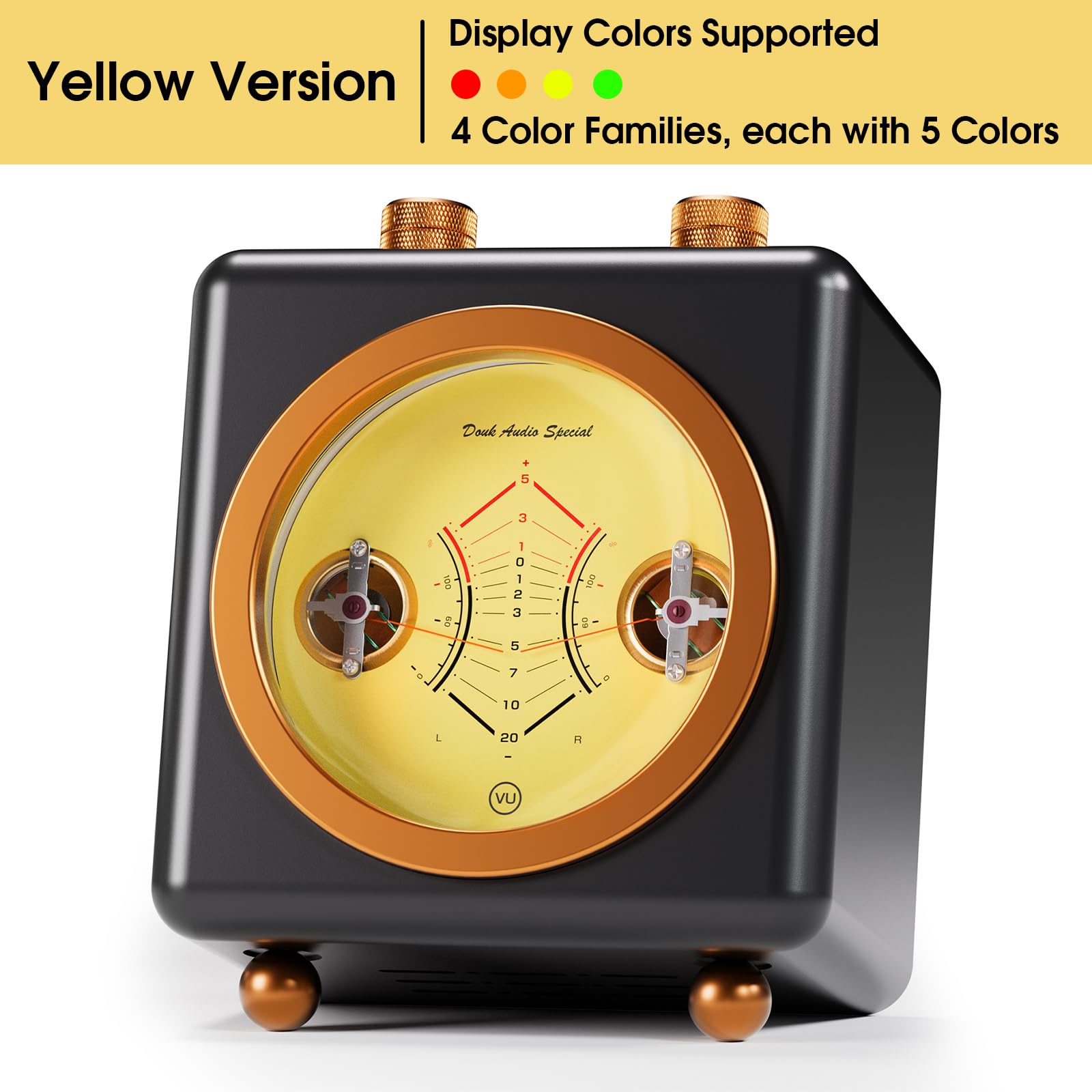 DoukAudio VU360 Retro Analog VU-Meter: mit Großem Display und Zwei Zeigern, Zwei Eingängen (Mikrofon/Line), Musikspektrumanalysator mit 7 Farbmodi, Musikliebhaber & Gamer (Yellow)