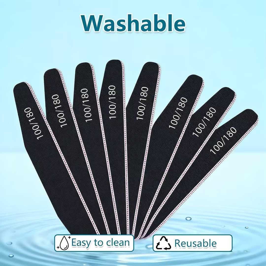 elzle 10 Pezzi Lime per Unghie Professionali, Lima per Unghie 100/180 Doppia Faccia con Mezza Luna Bilaterale, Set per Cura Unghie Lavabile Strumenti Manicure (Nero)