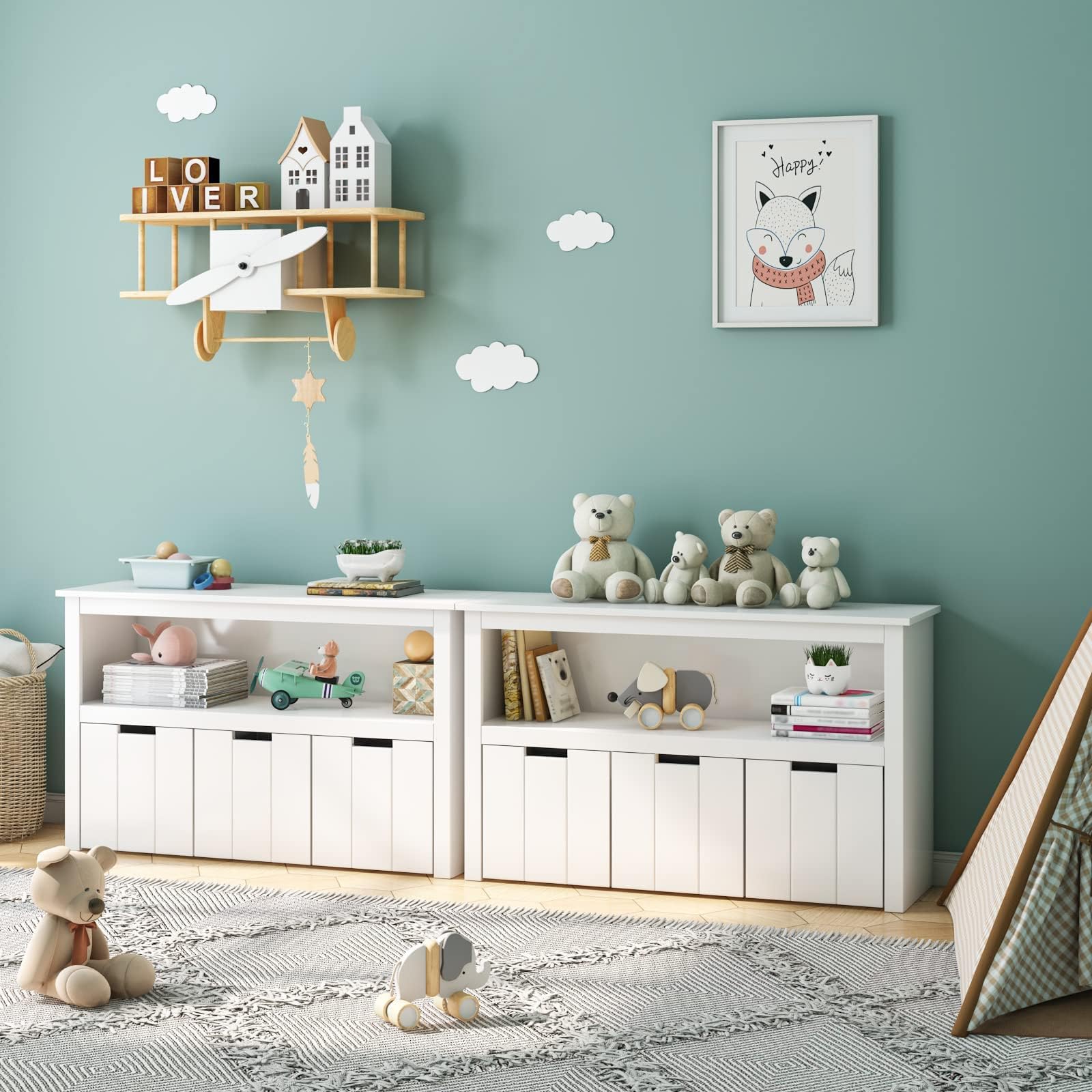 FOREHILL Meuble Rangement Jouet Bibliothèque pour Enfants Étagère Armoire de Rangement avec 3 Tiroirs Roulants Blanc 102x33x61.5cm