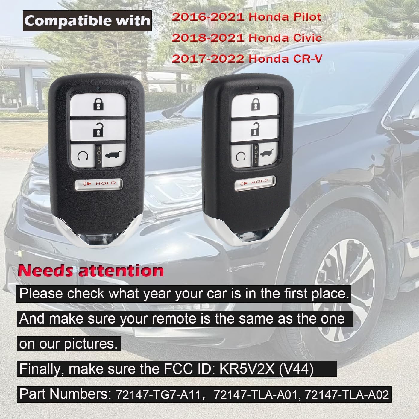 Key Fob Replacement Compatible with Honda Pilot Civic CRV 2016 2017 2018 2019 2020 2021 Smart Keyless Entry Remote Car Key KR5V2X(V44) 72147-TG7-A11 72147-TLA-A01, 72147-TLA-A02…