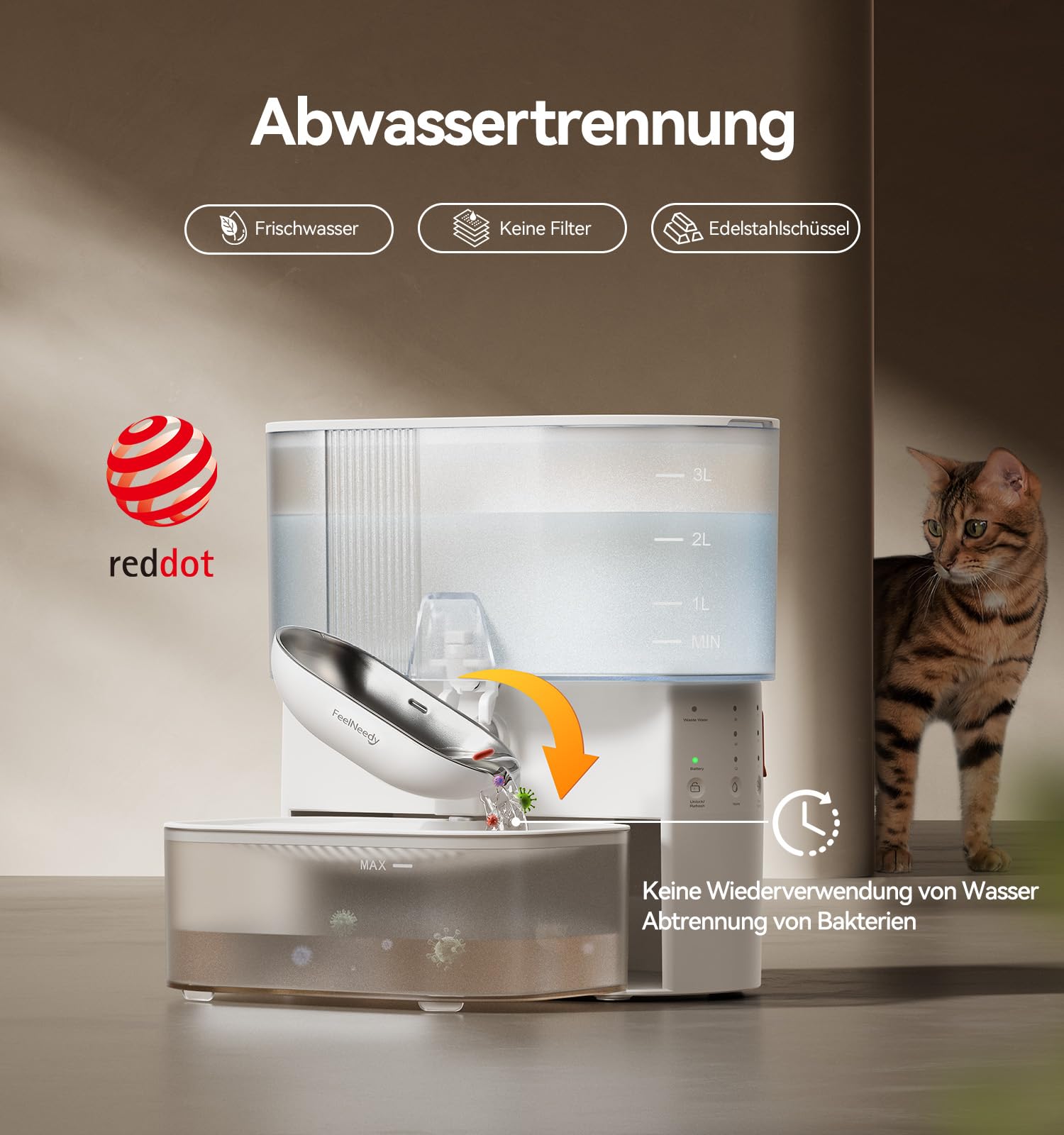 Trinkbrunnen für Katze Kabellos ohne Filter, FEELNEEDY Frischwasser getrennt von Abwasser ohne Wasserkreislauf, 2000mAh Akkubetrieb Katzenbrunnen, Trinkschale aus Edelstahl, 3,5L Tank (Weiß)