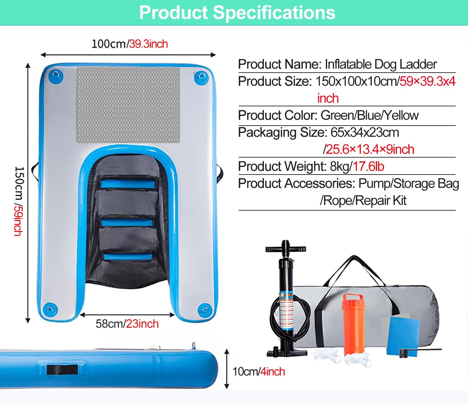 rampa de Agua para Perros Rampa Inflable para Perros con Espuma EVA Antideslizante, Escalera Flotante para Perros Grandes (hasta 104 kg), Ideal para Barcos, Lagos y Yates.(Red)