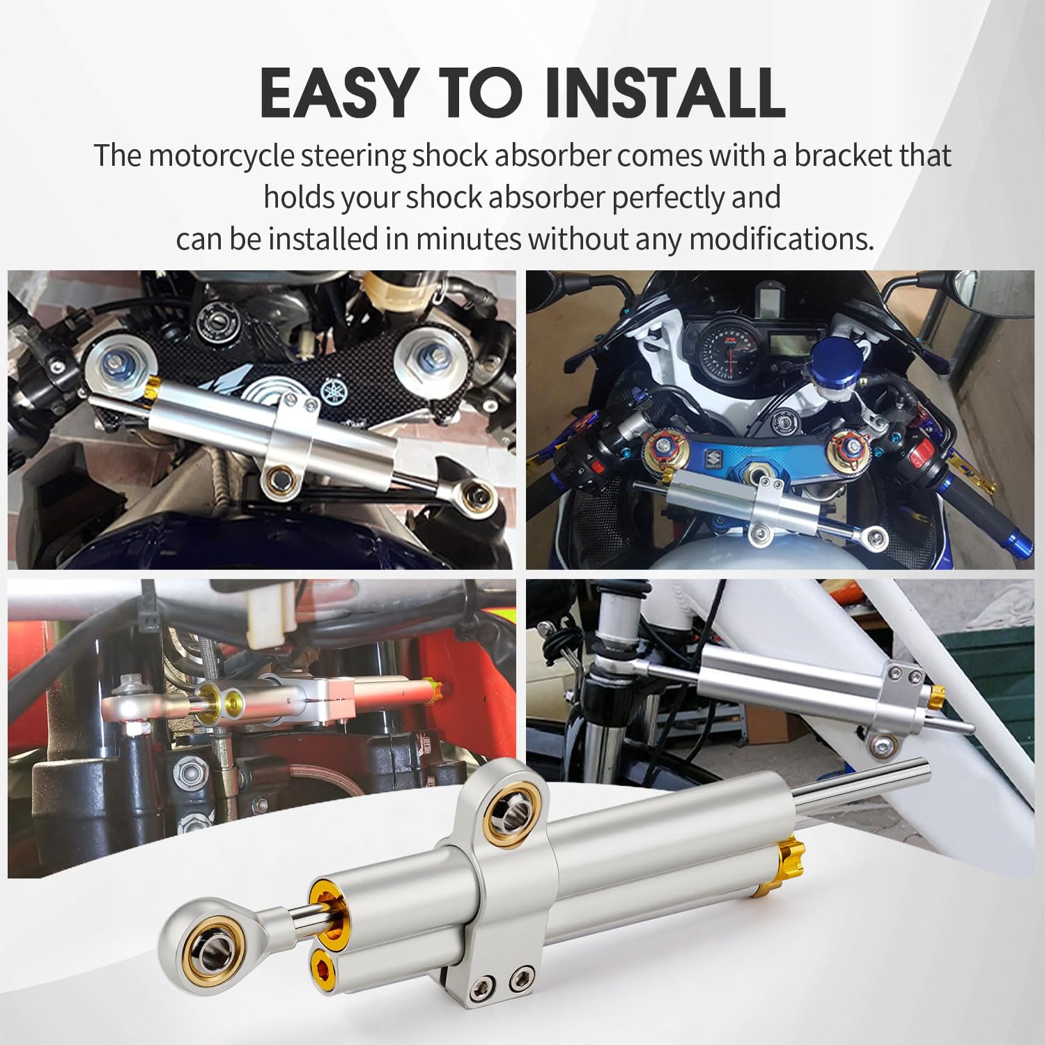 Amortiguador de Direccion Moto,CNC Amortiguadores de dirección de Moto de Aluminio Ajustable Universal per E Scooter Fahrrad MT07 GSXR750 K4 ZX6R TL1000R