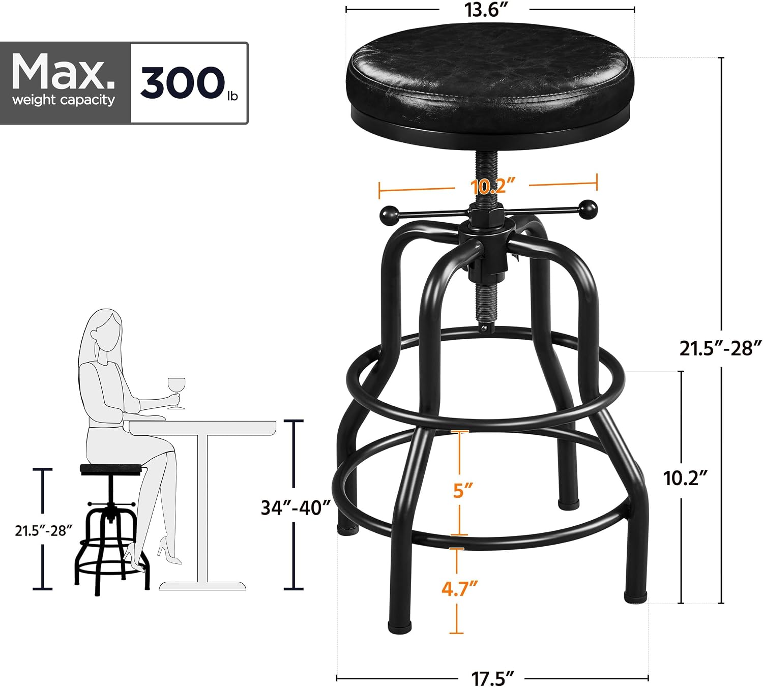 Yaheetech Industrial Bar Stools Vintage Counter Height Adjustable Metal Bar Stool with Round Faux Leather Seat Kitchen 21.5-28 Inch Tall Black, 1PCS