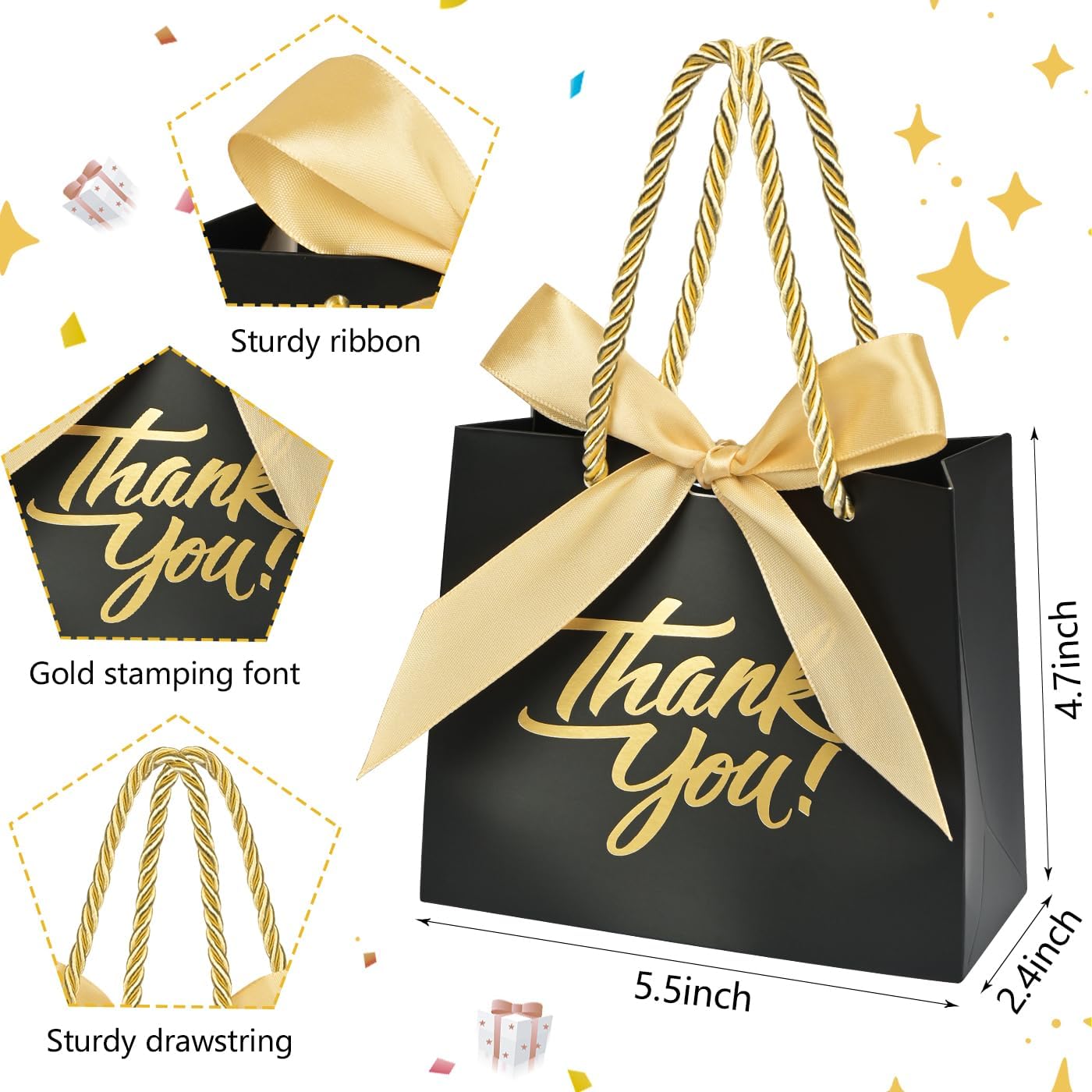 50Pack Small Thank You Bags with Handles, Party Favor Bags 5.5x2.3x4.7 Inches Small Pink Gift Bags with Handles, Mini Paper Candy Bags with Pink Ribbon for Wedding Baby Shower Birthday - Image 3