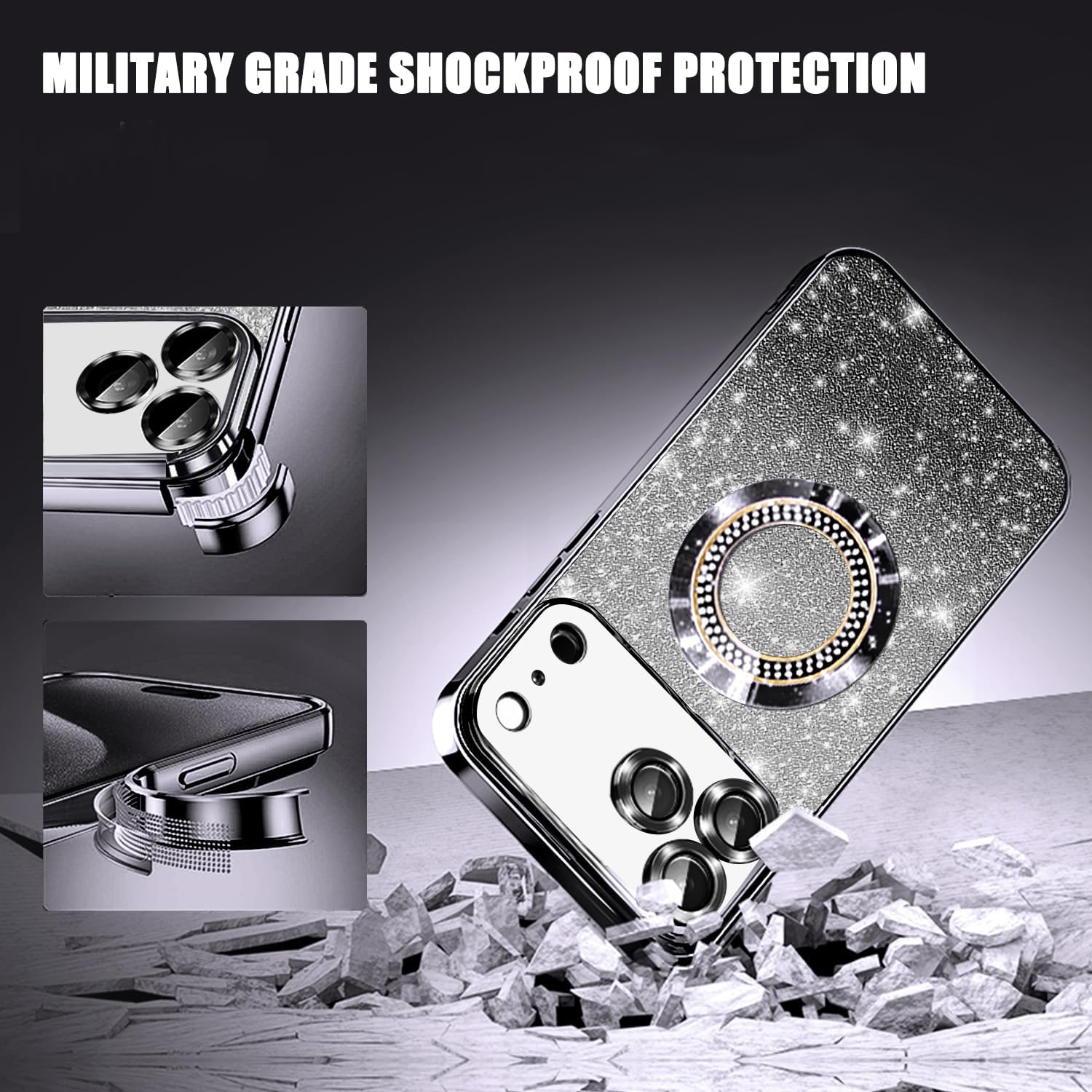 Misscase for iPhone 17 Pro Magnetic Glitter Case Compatible with MagSafe,Full Protection Slim Shockproof Anti-Scratch Case with Camera Lens Protector Plating Bling Dust-Proof Net Black - Image 4