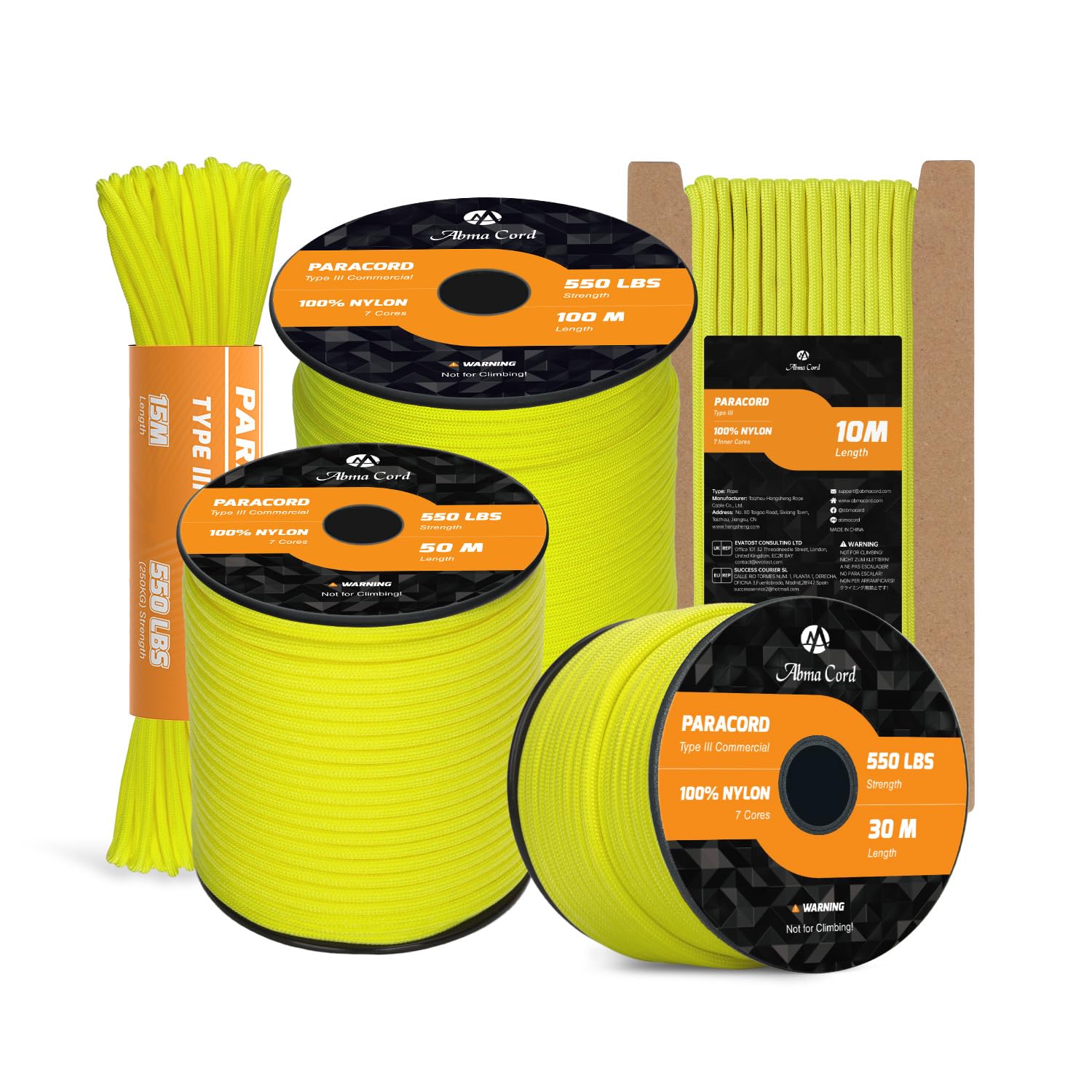 Abma Cord Paracord 550 4mm 30m 100% Nylon Rope Type III 7 Strands Parachute Cord for DIY, Camping, Survival, Outdoor - Max. 250kg - Neon Yellow