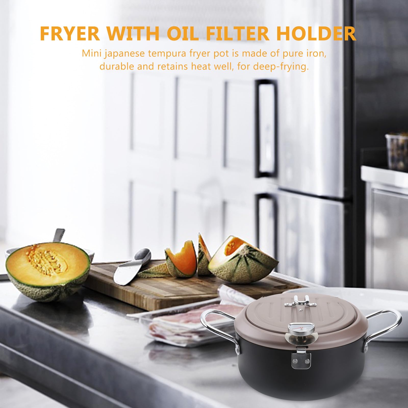 POPETPOP Freidora Japonesa Termómetro y Filtro de Aceite Sartén Profunda Anti-Salpicaduras con Tapa y Rejilla para Escurrir Utensilio para Freír Cocina de Gas y Eléctrica