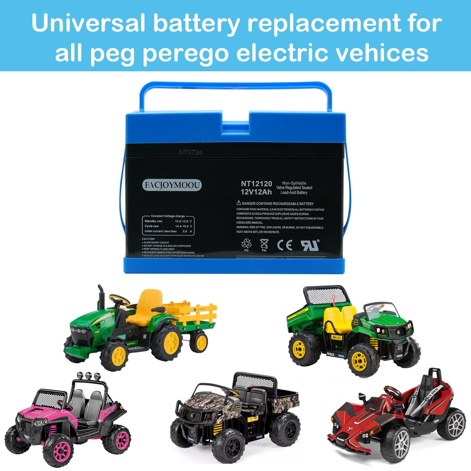 FACJOYMOOU 12 Volt Battery for Peg Perego John Deere Gator Polaris Gaucho Rock'in Case Ih Tractor Ride On Battery 12v 12ah Replacement Battery for Peg-Perego Kid's Toys Car