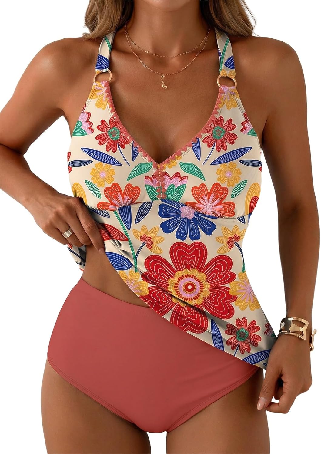 Aleumdr Tankini Swimsuits for Women 2 Piece Tummy Control Bathing Suit V Neck Tankini Top with High Waisted Bottom