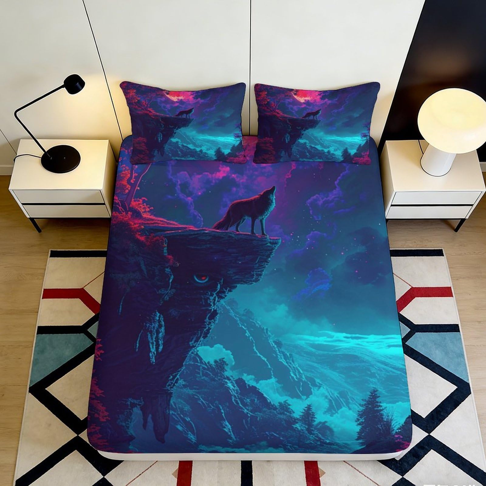 3D Printed Wolf Mountain Fitted Sheet Microfiber Deep Blue Purple Bed Sheet for Bedroom Dorm Mattress Decor 90x200x25cm