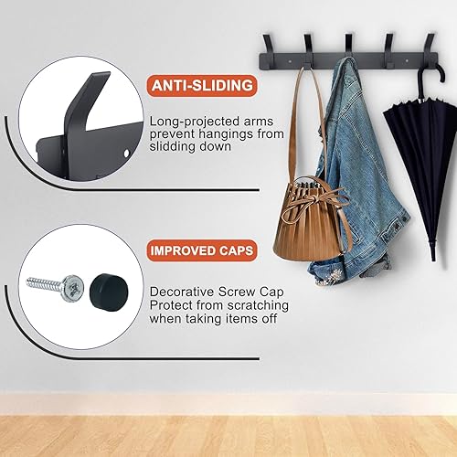 Miniatura 3 de Perchero montado en la pared, 5 ganchos para colgar abrigos, riel de metal resistente de doble gancho, perchero con ganchos, perchero de montaje en