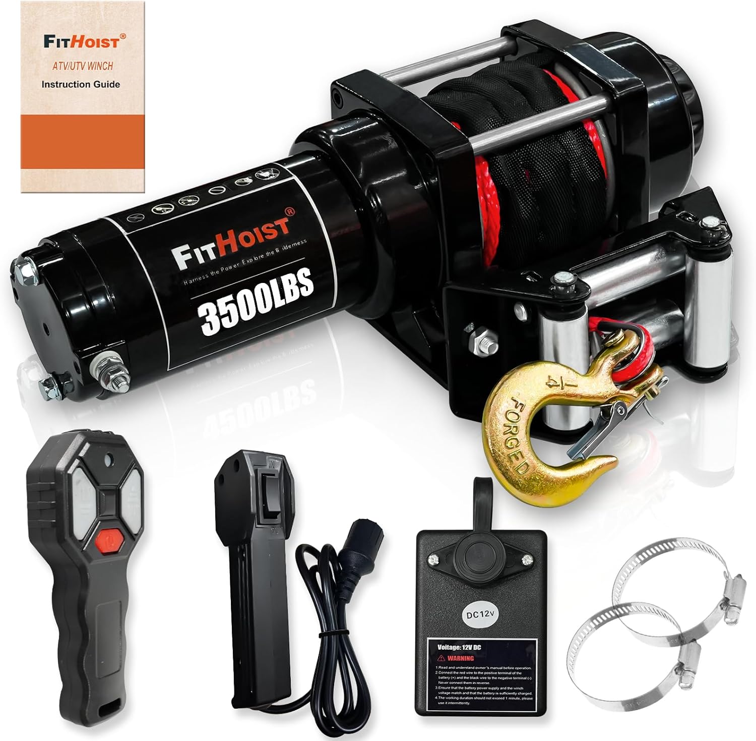 3500 lb ATV Winch with Red Synthetic Rope - IP68 Waterproof 12V Electric Winch for Boat Trailer Towing