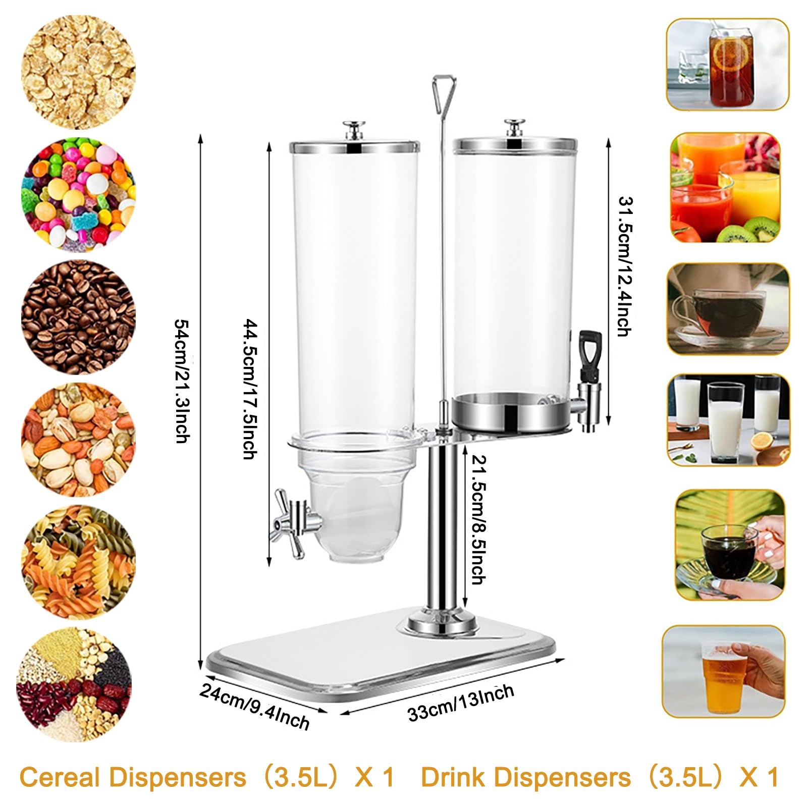 Dispenser per cereali, contenitore per alimenti rotante a 360 gradi, multifunzione in acciaio inox a doppia testa, ideale per cereali da colazione e snack