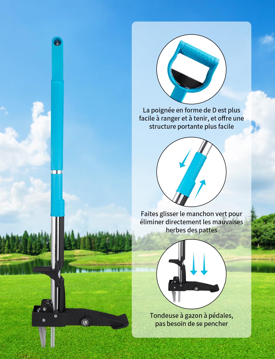YISSVIC Désherbeur Manuel Arrache Mauvaise Herbe avec Pédale 4 Griffes Acier Inoxydable Long Manche Outil de Désherbage Solide pour Jardin Bleu