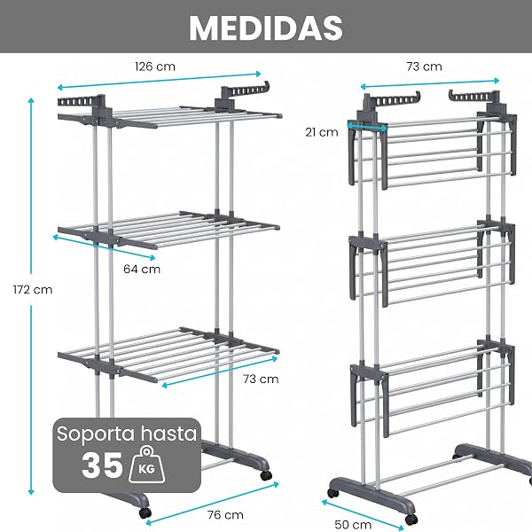 edihome, Tendedero Vertical, Plegable, 4 Niveles con Alas Laterales, Acero Inoxidable, 35 kg Capacidad, con Ruedas, Ahorra Espacio, Interior y Exterior (Gris) - 2