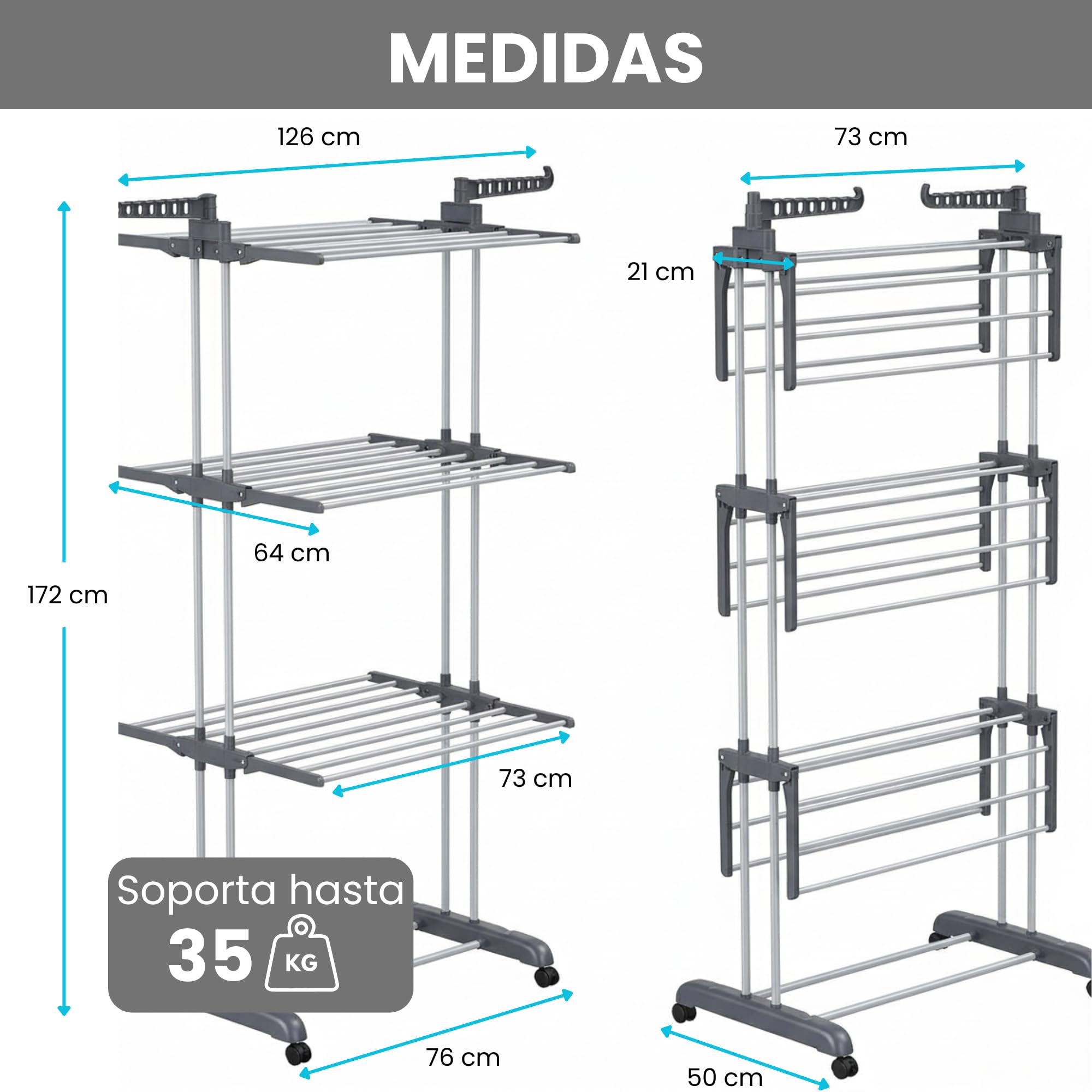 edihome, Tendedero Vertical, Plegable, 4 Niveles con Alas Laterales, Acero Inoxidable, 35 kg Capacidad, con Ruedas, Ahorra Espacio, Interior y Exterior (Gris)
