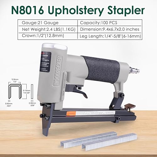 Miniatura 5 de Woodpecker N8016 - Pistola de grapas neumáticas de calibre 21 para tapicería, 12 pulgada, potencia aérea, grapadora de alambre fino, de 14 a 58