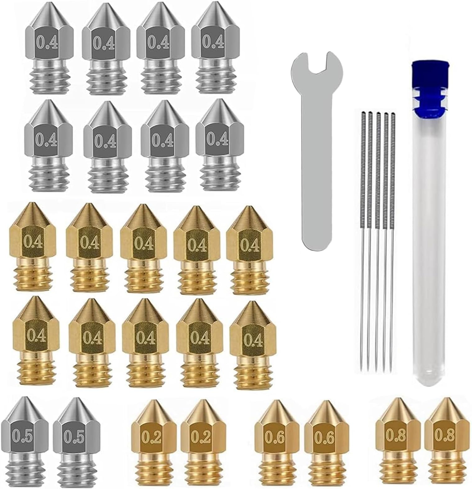 32PCS 3D Printer Nozzle MK8 Nozzle 3D Printer Extruder Nozzle High Temperature Pointed Wear Resistant Nozzle for Makerbot Creality CR-10 5 Different Size 0.2 mm, 0.4 mm, 0.5mm, 0.6 mm, 0.8 mm