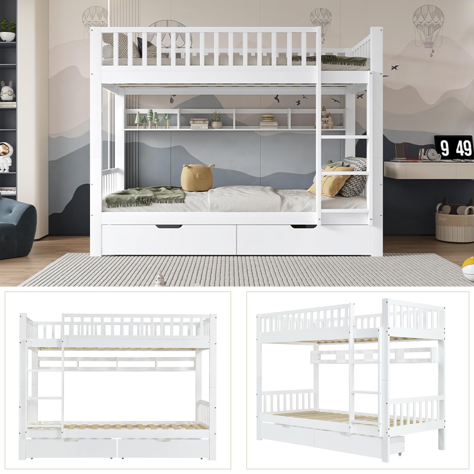 Oyemige Letto a Castello 90x200 cm, Letto per Bambini con 2 Cassetti, Letto Matrimoniale con Parapetto e Scala Ad Angolo Retto, Struttura In Pino, con Parapetto, Rete a Doghe, Bianco, Senza Materasso