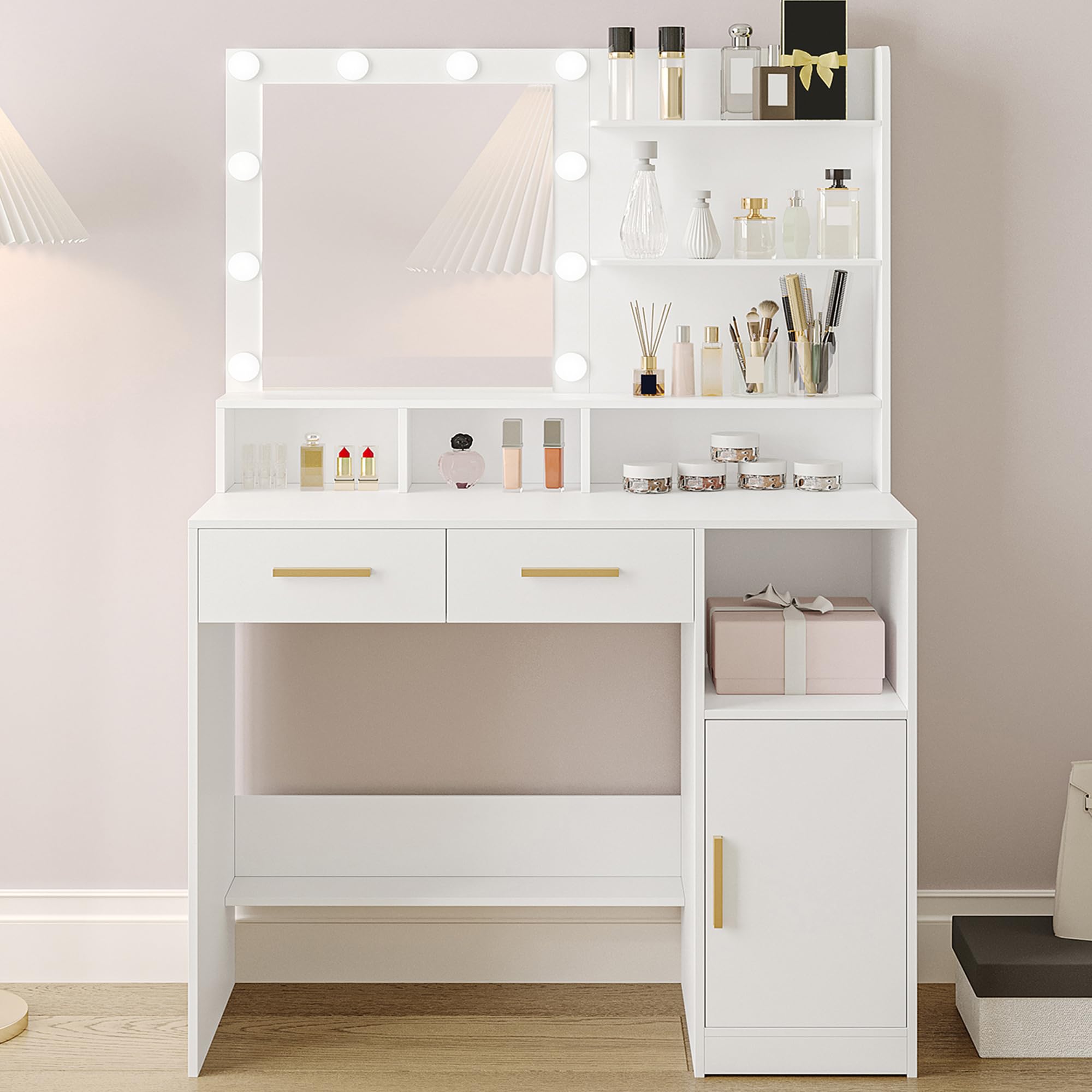 Hzuaneri Schminktisch mit Spiegel und 10 LED-Beleuchtung, Schminktische mit Einstellbare Helligkeit,Schminktisch mit 2 Schublade & 1 Schrank, 3 Ablagen & 4 offenen Fächern, Weiß DT32503X