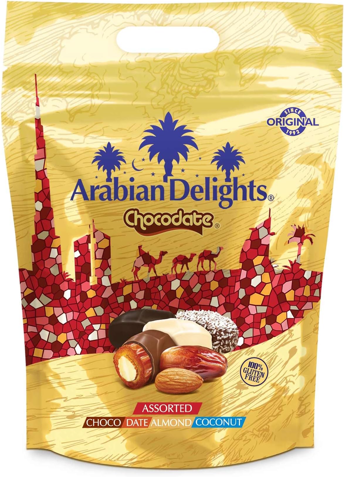 Arabian Delights Chocodate with Almond - 600 gm, Assorted Pack, Bite-Sized Snacks Stuffed with Golden Roasted Almonds