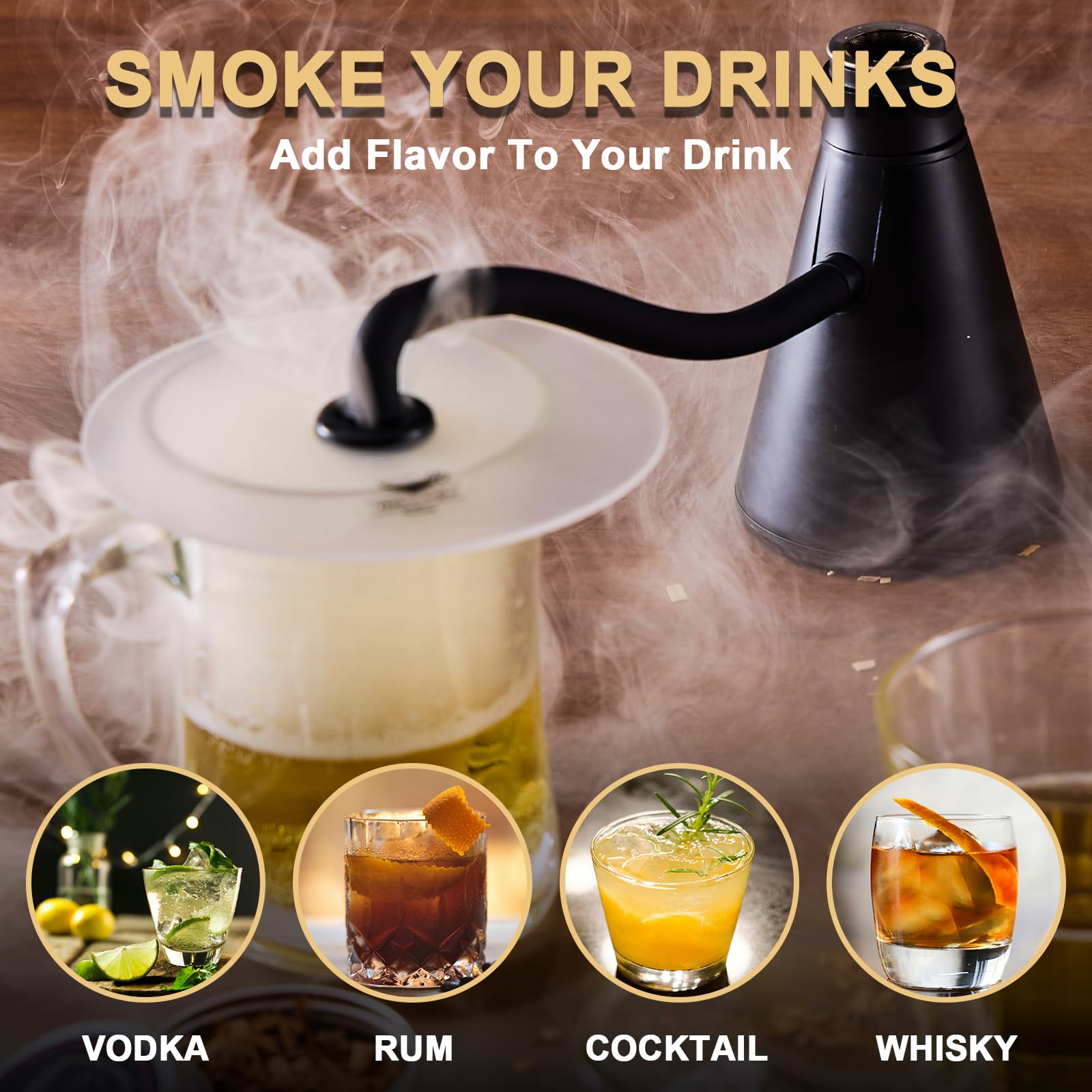 Smoke Gun - Kit completo para ahumar cócteles con 4 sabores de madera, accesorios y cepillo, kit de ahumador de bebidas perfecto para infundir sabor en cóctel (negro (tomo no incluido)