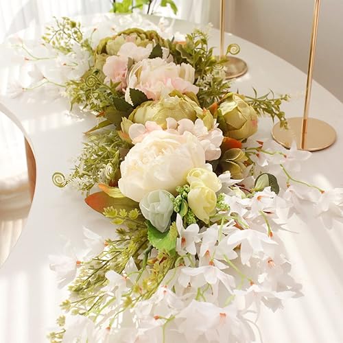 Miniatura 2 de MISNODE Guirnalda de flores artificiales de peonía para puerta delantera, flores de arco de boda, 29.5 pulgadas con hortensia para dintel, boda,