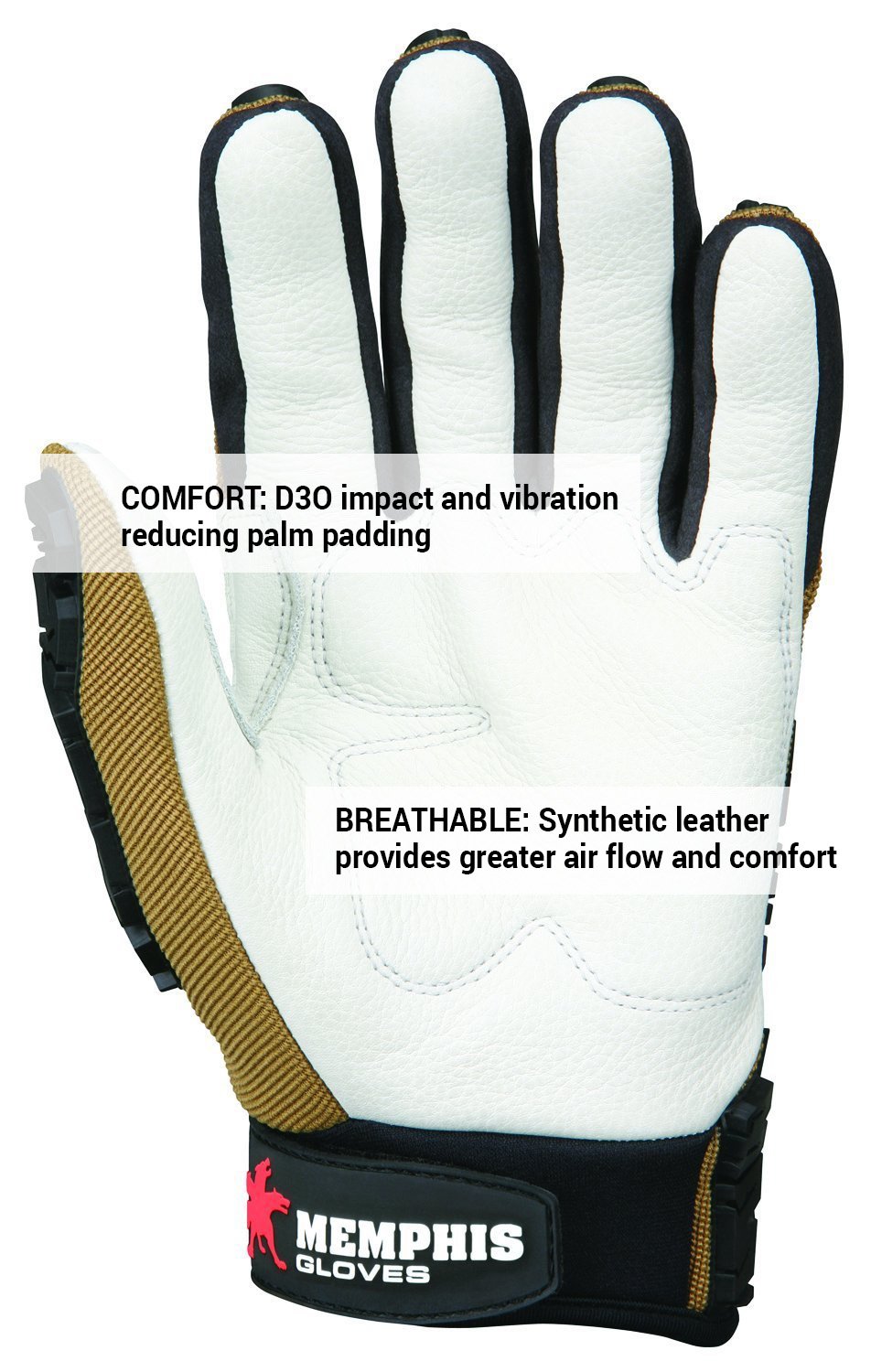 MCR Safety PD2903XL Predator - Palma de piel de vaca de grano multitarea, transpirable, guantes acolchados, respaldo de neumáticos, blanco, XL, 1 par | Palma de cuero granulado, corte ANSI A2, cierre ajustable, sin látex, ANSI abrasión 3, perforación ANSI