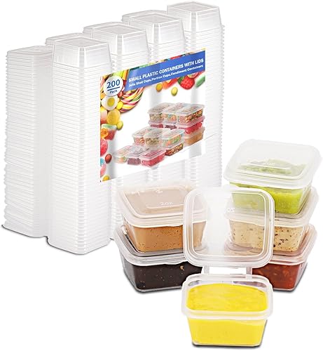 Recipientes de plástico de 2 onzas con tapas (paquete de 200), recipientes desechables para condimentos con tapas, tazas de porciones para salsa,