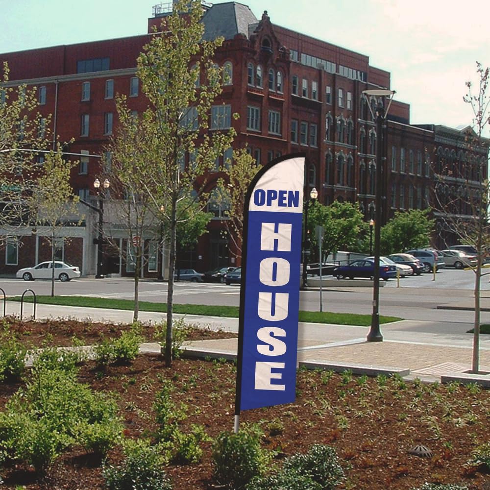 Infinity Republic - Open House Blue White Windless Full Sleeve Banner Swooper Flag & Pole Kit - Perfect for Businesses, Dealerships, Property Management, Banks, etc!
