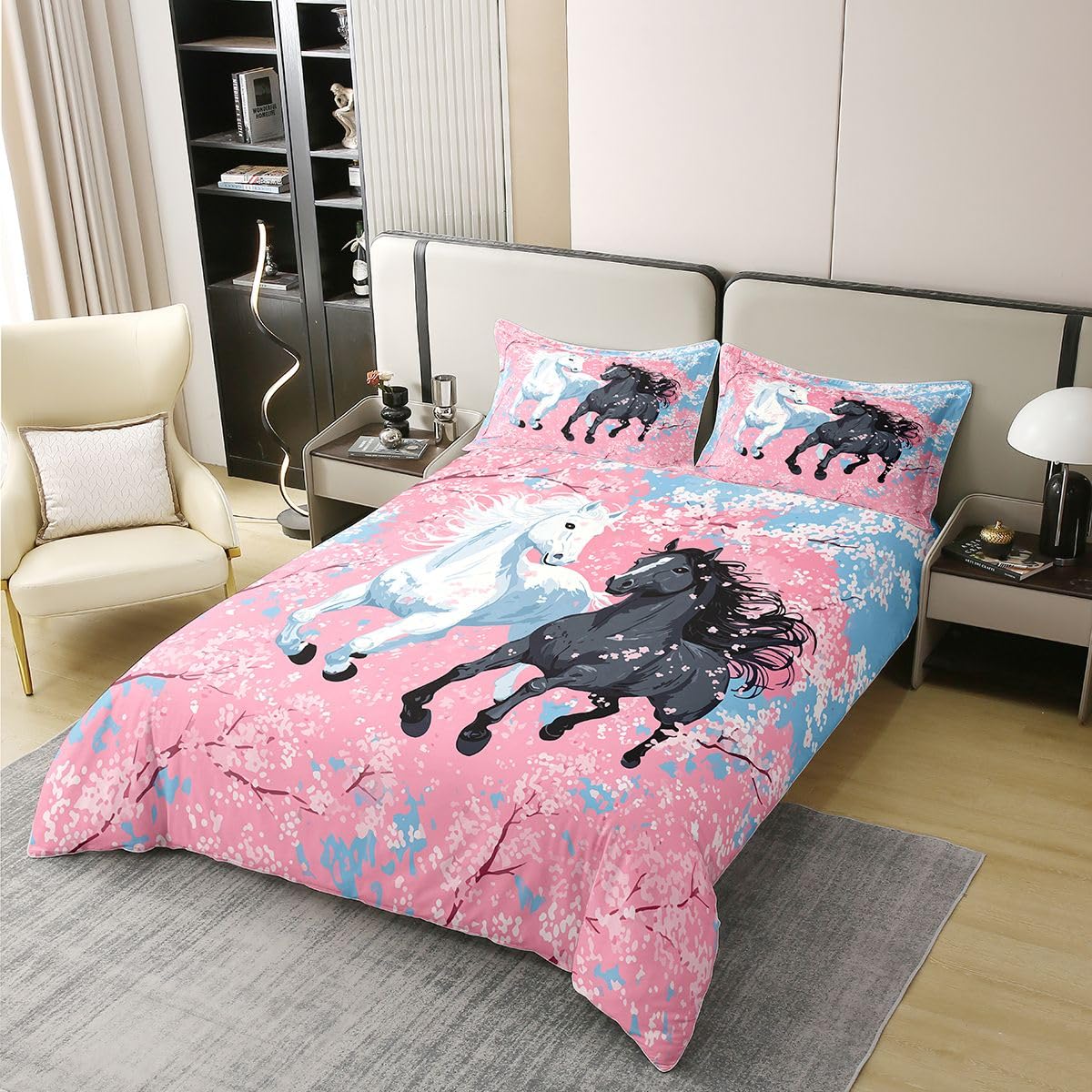 Homewish Juego de ropa de cama de estilo japonés con diseño de caballo, tamaño Super King, funda de edredón con diseño de flores de cerezo, pintura al óleo y flores