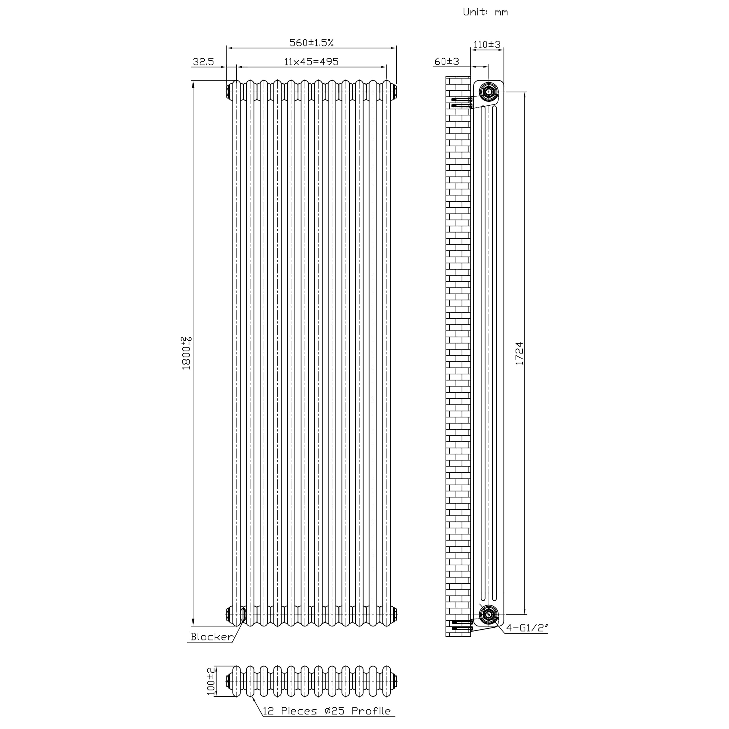 Radiador Vertical Tradicional 1800 x 560 mm 3 Columnas Acero – Metal Crudo Estilo Industrial 3198W Incluye Soportes, Kit de Instalación y Cepillo
