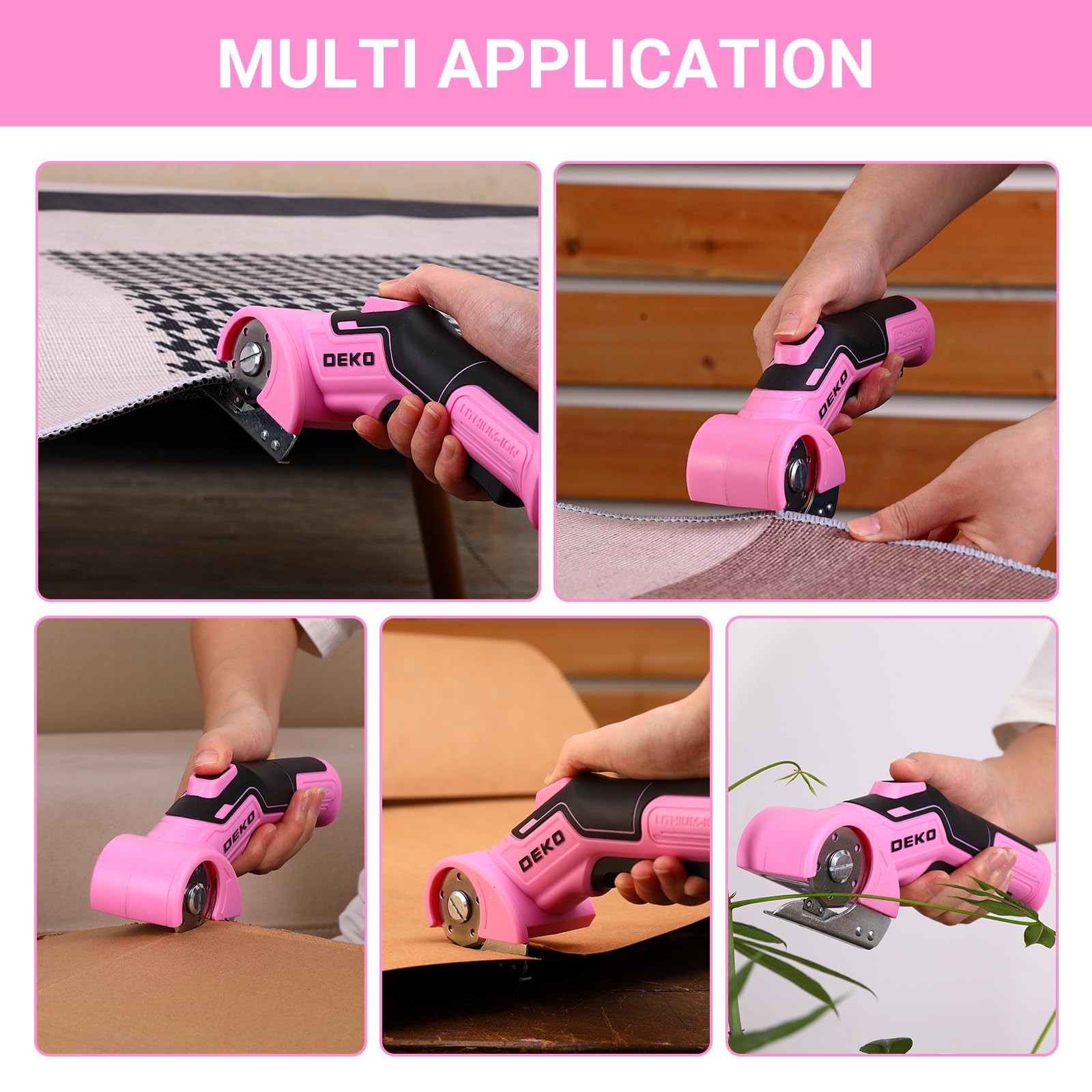 DEKOPRO Ciseaux Electrique Rotatif Couture: 3.7V Ciseaux Électrique sans Fil avec 2 Lames, Coupe Carton Puissant, pour Tissu, Cuir, Tapis, Plastique, DIY & Couture