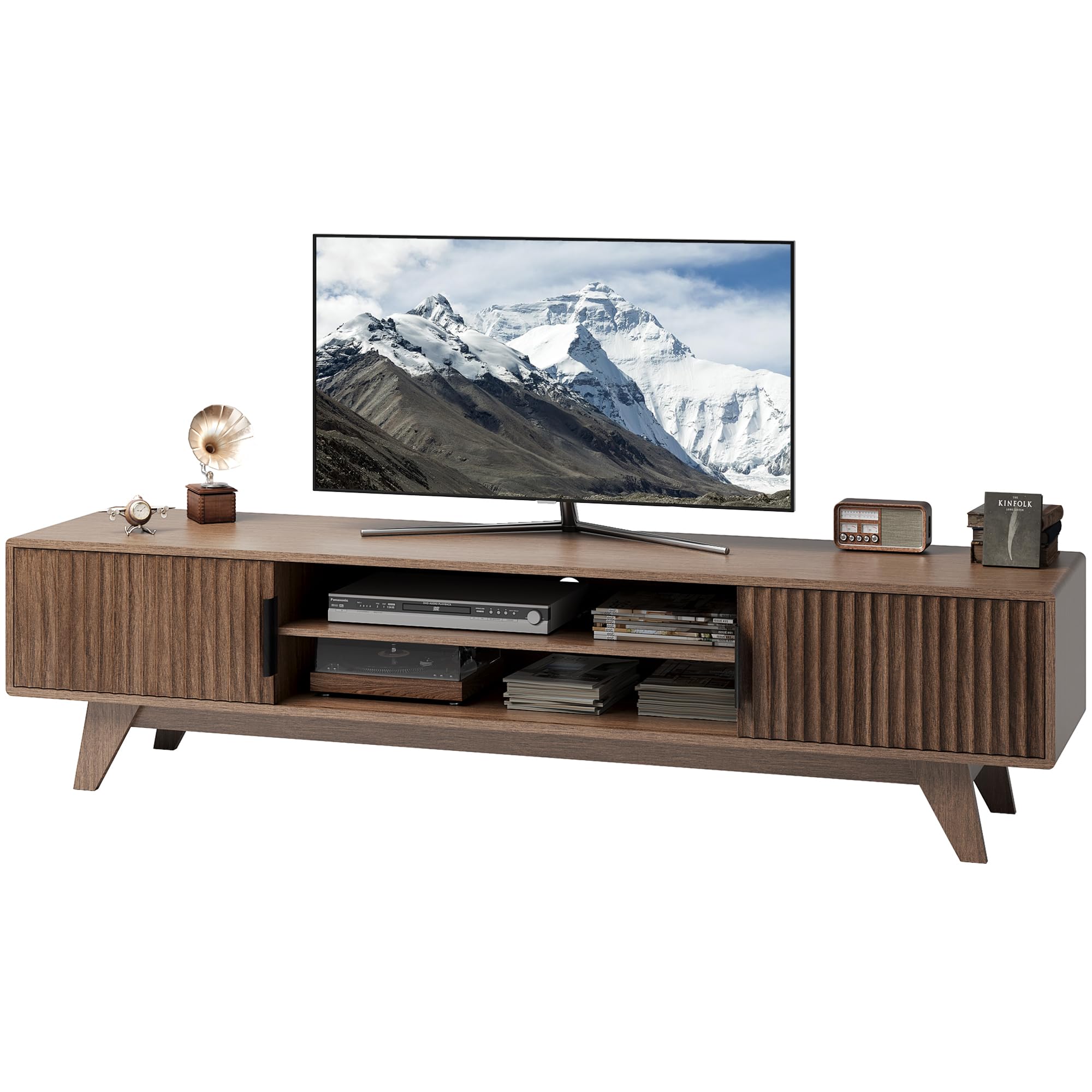 Claiks Mid-Century Modern TV Stand for 75 inch TV, Wood Fluted TV Stand with Storage and Adjustable Shelves, Low Profile TV Console for Living Room,