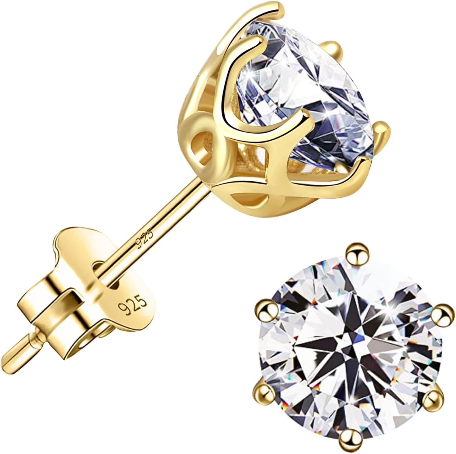 18K White Gold Plated Brilliant Cut Simulated Diamond Cubic Zirconia Stud Earrings Sterling Silver Hypoallergenic CZ Stud Earrings for Women Men 6 Prongs Setting