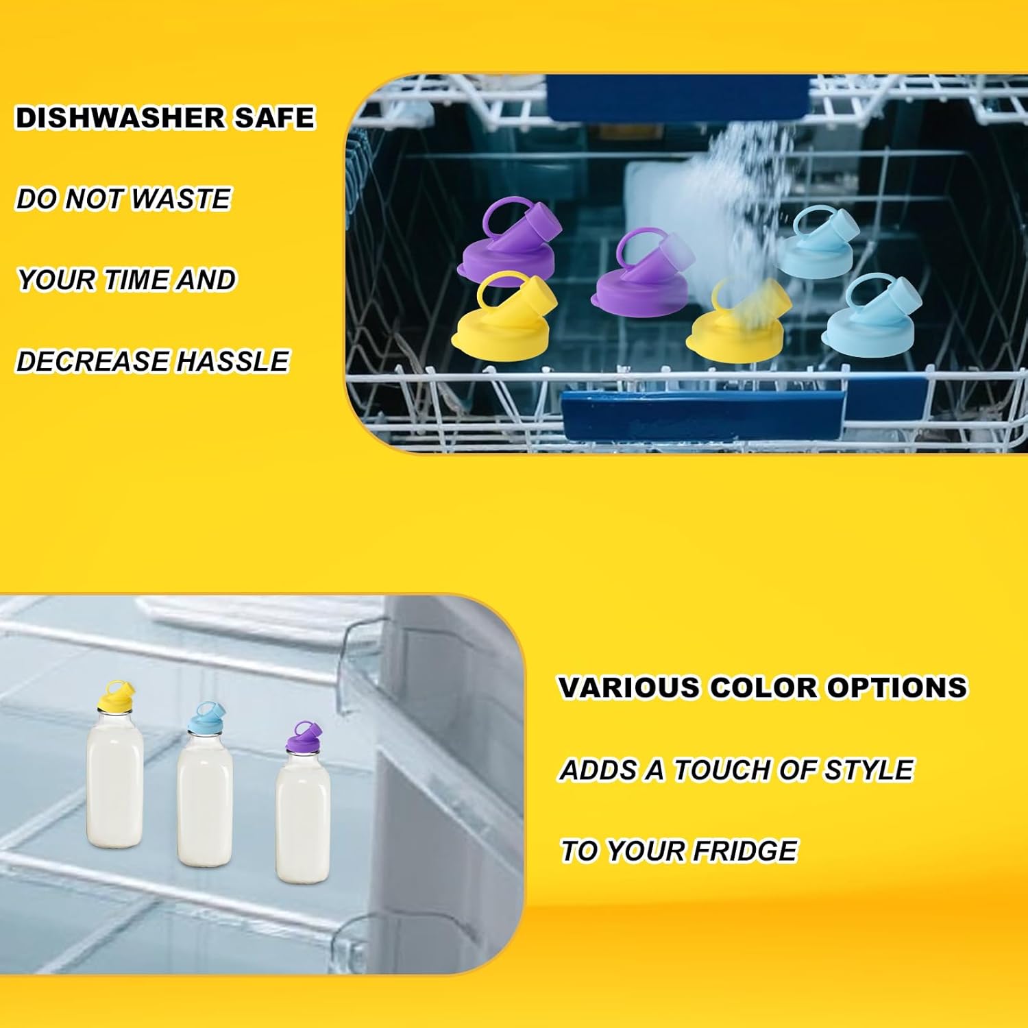 6pcs Milk Glass Bottles Lids, 48mm Diameter Silicone Bottle Lids for Stanpac & Libbey Milk Glass Bottles Accessories Reusable Airtight Bottle Dispenser Caps Dishwasher-Safe (Purple, Yellow, Blue)