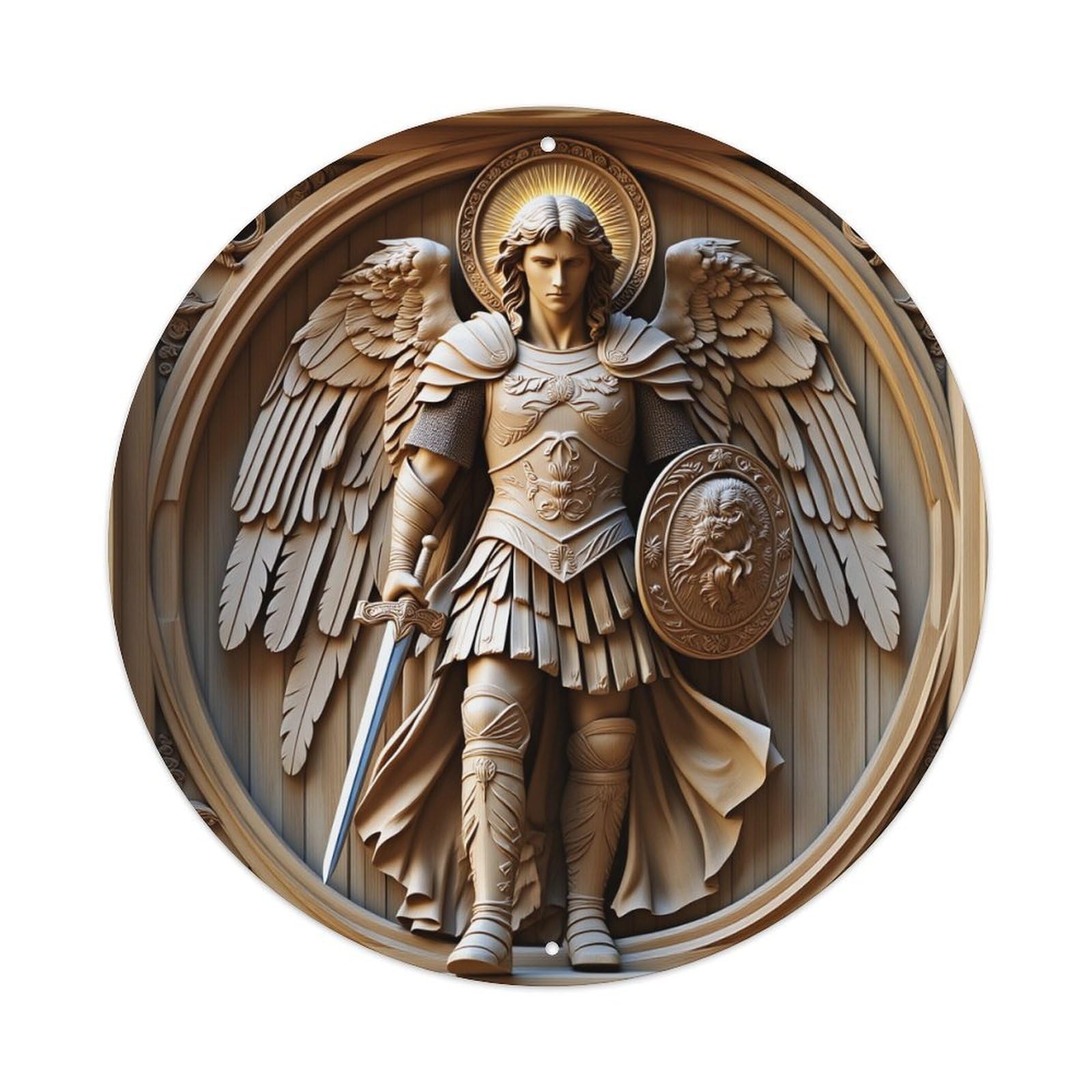 Angel Warrior With Sword And Shield Round Tin Sign Vintage Metal Poster, Home Bar Garage Man Cave Cafe Indoor & Outdoor Wall Decoration 8x8Inches