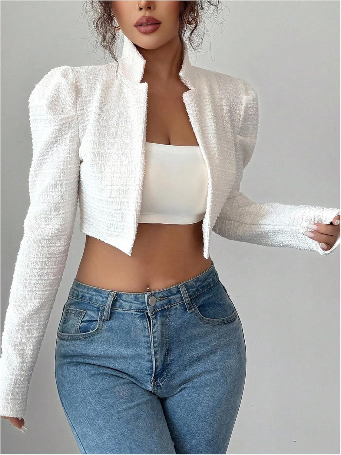 Floerns Women's Elegant Long Sleeve Cropped Blazer Open Front Textured Knit Business Casual Suit Jacket - Image 2