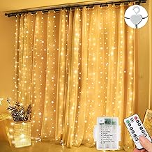 Lezonic Battery Curtain Lights,3m x 3m 300 LED Curtain Fairy Lights Waterproof,8 Modes Battery Powered String Lights with Remote, Wall Fairy Lights for Window Bedroom Party Christmas Decor(Warm White)