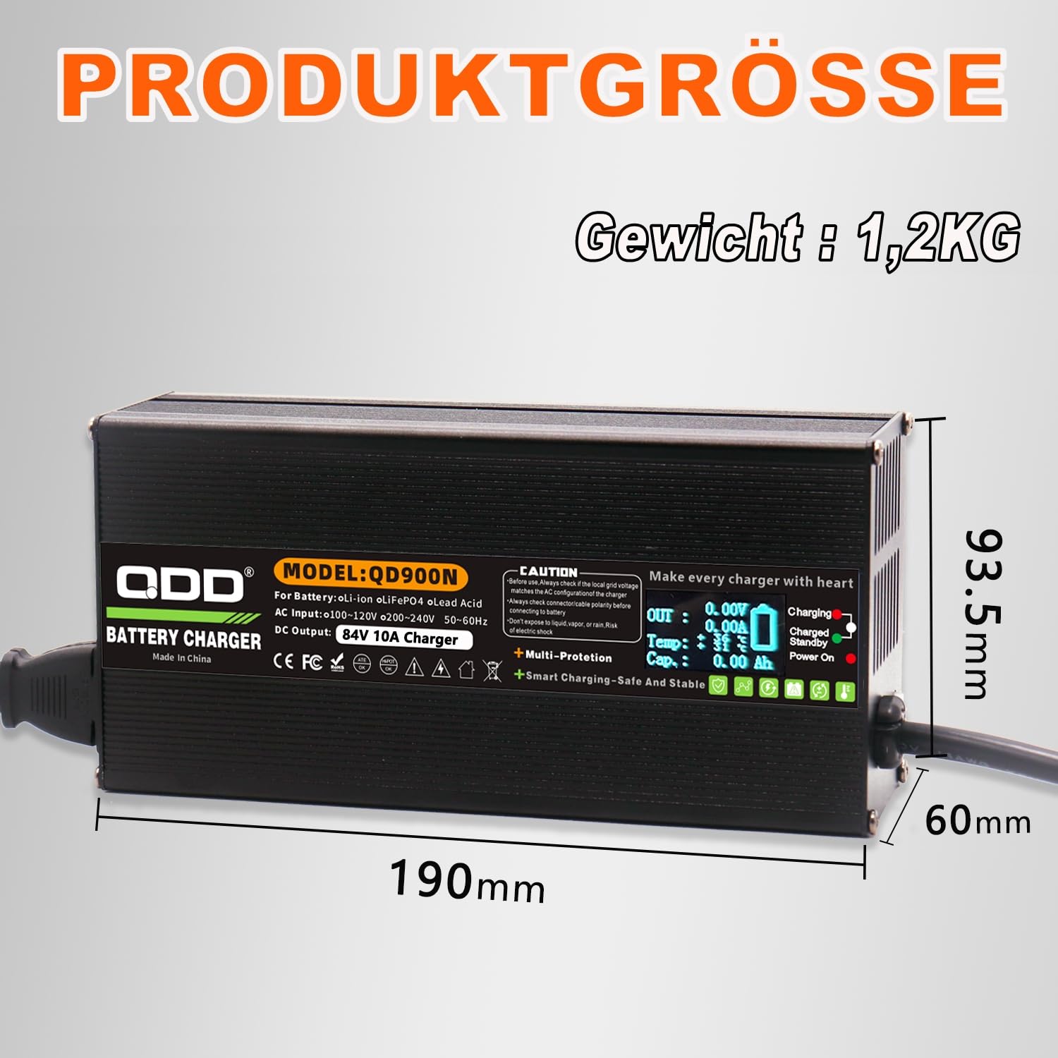 QDD Caricabatterie da 84 V 10 A, corpo in alluminio nero, sicuro e durevole, utilizzato per batteria al litio 20S 72 V, caricatore intelligente, uscita DC, spina XT60 con indicatore di carica