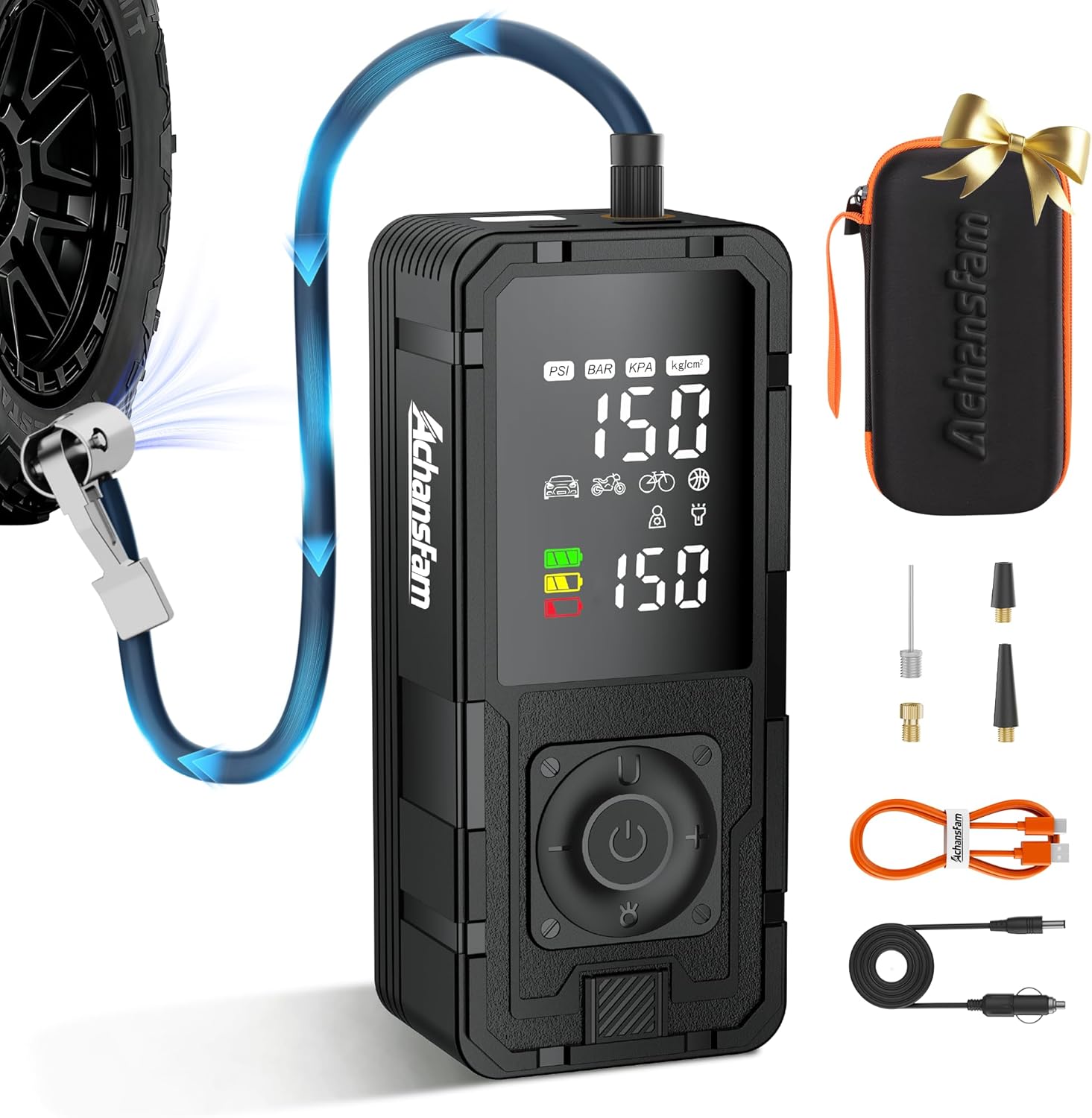P10 33s Fast Inflation Tire Inflator Portable Air Compressor with 20" Hose,150 PSI Cordless Air Pump with Dual Power Supply,Digital Gauge, Auto Shut-Off for Car, Truck, MPV, Bike, Ball