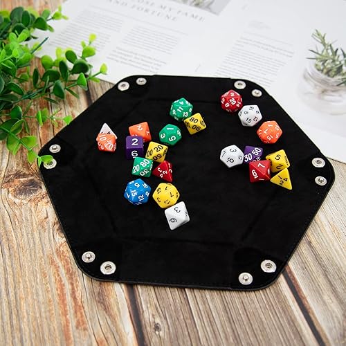 Miniatura 4 de SIQUK 2 bandejas de dados de piel sintética, bandeja plegable hexagonal para dados para juegos de dados como RPG, DND y otros juegos de mesa (negro