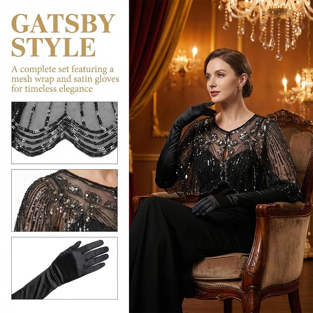 2 Pièces Châle Années 1920 avec Paillettes et Perles, Cape Soirée Vintage, Gants Longs Satin Femme, Accessoires Party pour Robe de Mariage, Soirée à Thème, Bal