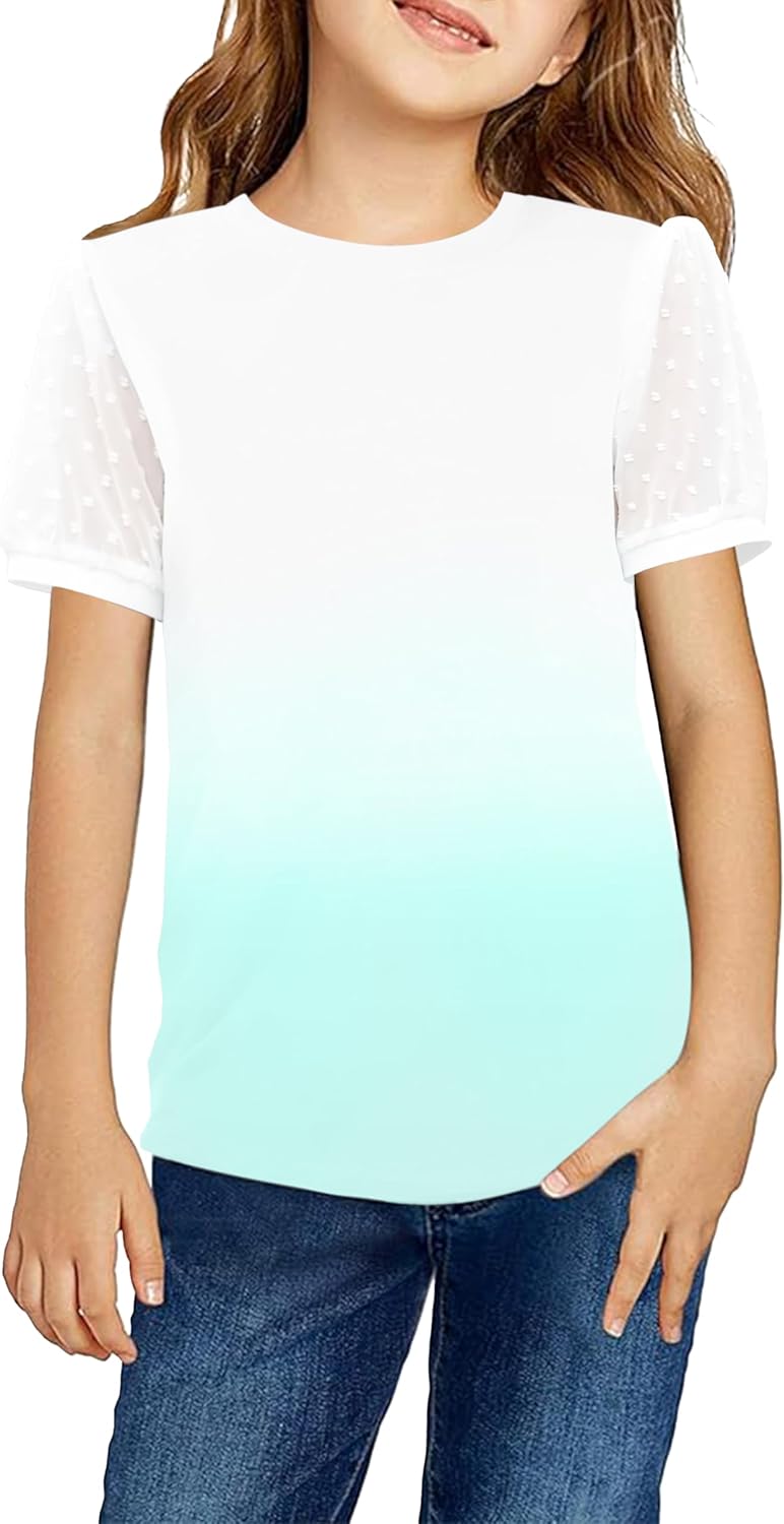 Arshiner Girls T Shirts Puff Short Sleeves with Polka Swiss Dots Tops for Kids Casual Summer Blouse Tunic Tee Tops