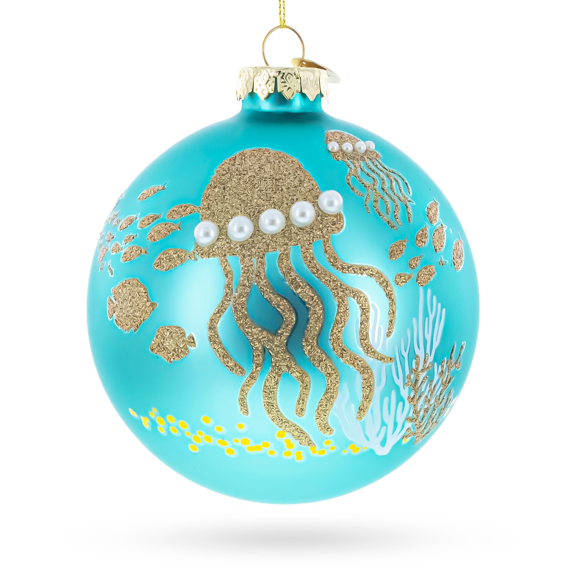 Méduse de Noël en verre bleu sarcelle et corail pour sapin féerique